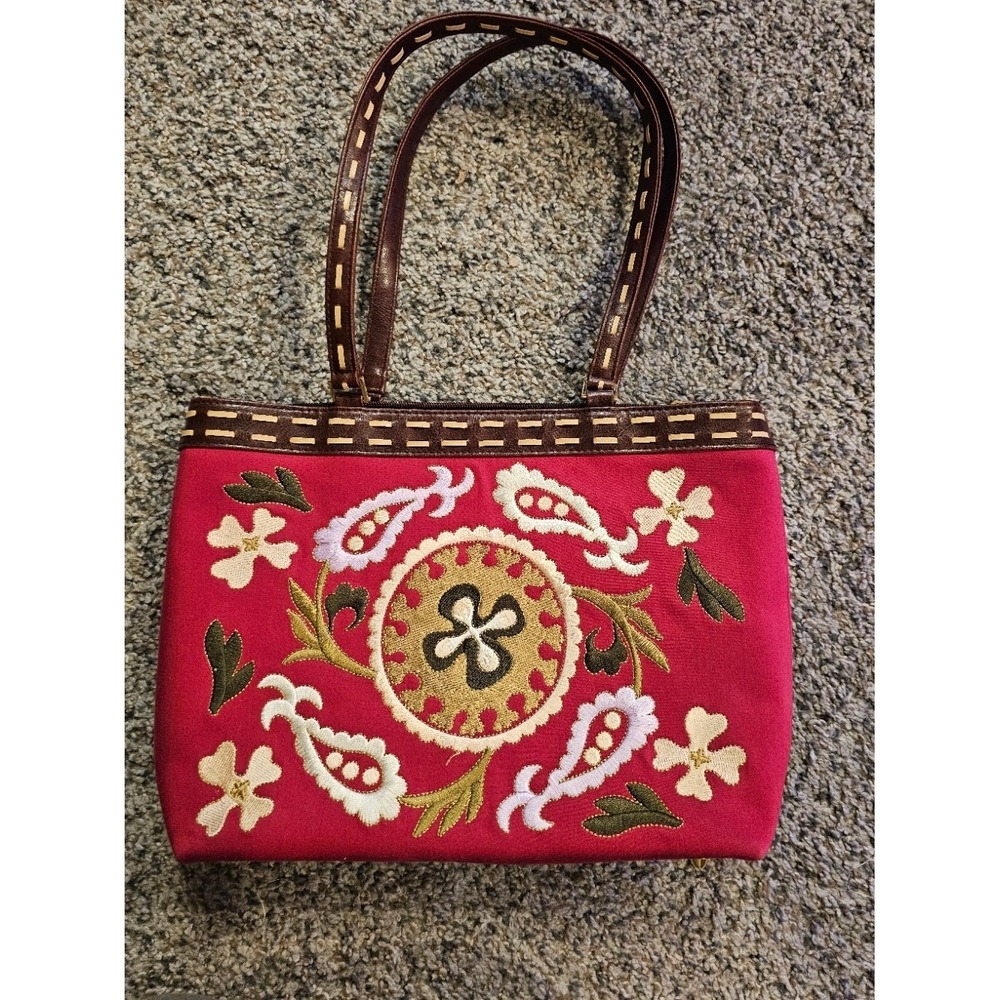 Susan Lucci Vintage Red Embroidered Floral Paisley Canvas Shoulder Bag Tote